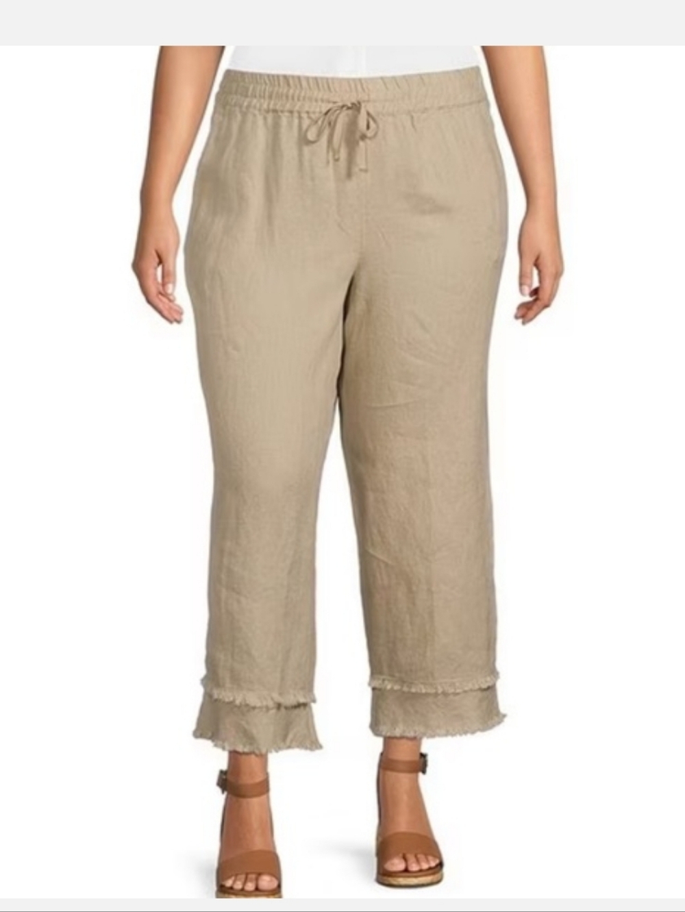 John Mark Cropped Drawstring Wide Leg Pants in Khaki 100% Linen 2XL